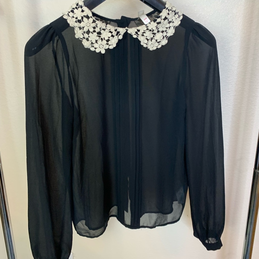 Cute Sheer Black Blouse with White Crocheted Collar